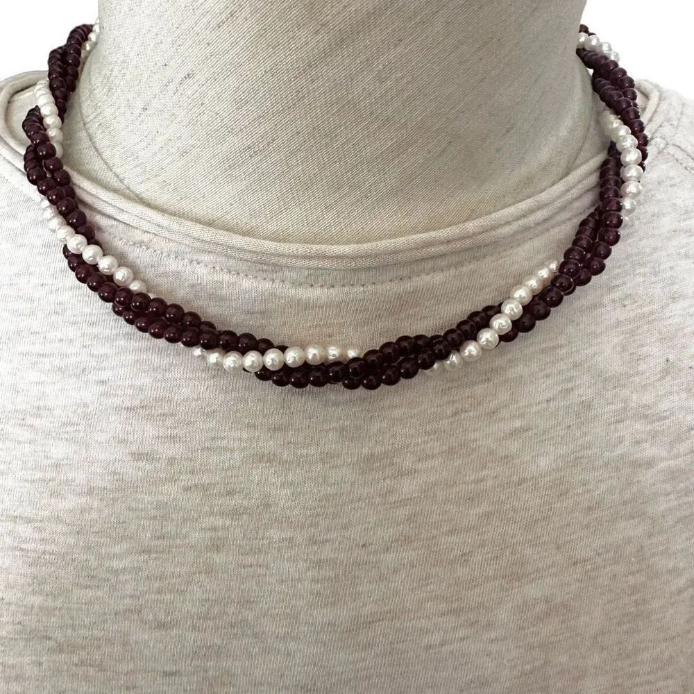 Vintage twisted faux garnet and pearl beaded choker torsade necklace